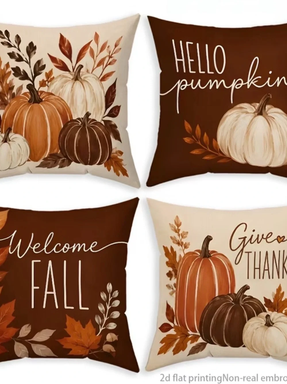 🆕 4pc Fall Pumpkin Decorative Throw Pillow Covers - Brown & Cream Autumn Set